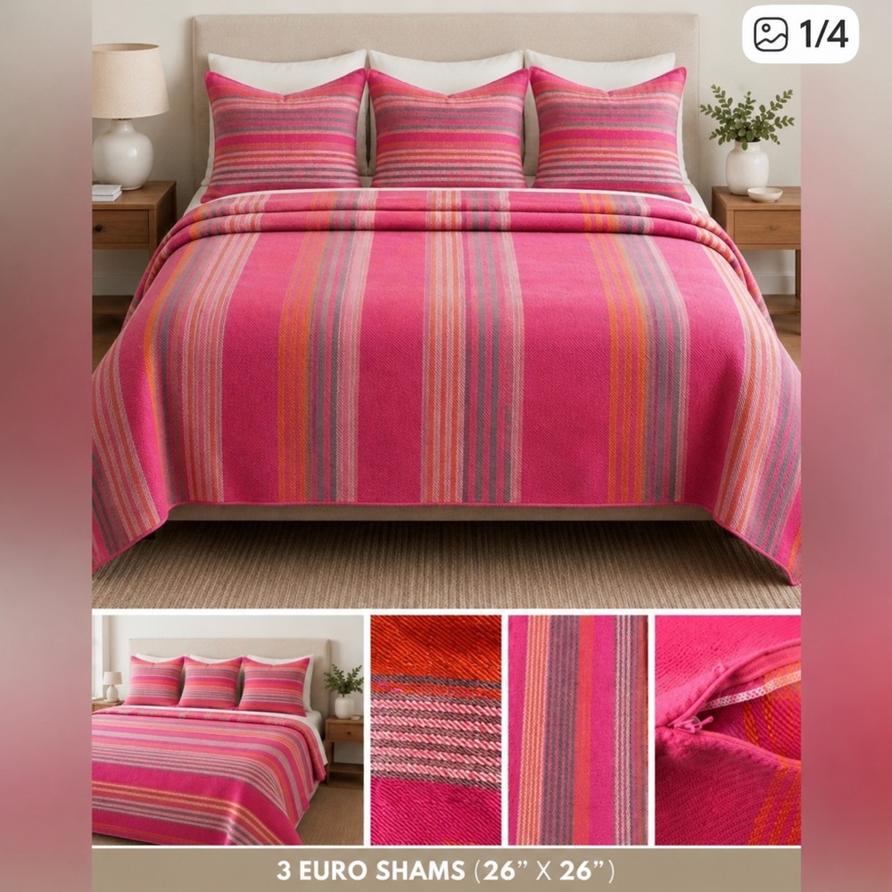 Anne Selke Coverlet & 3 Euro Shams - Striped Pink Bedding Set